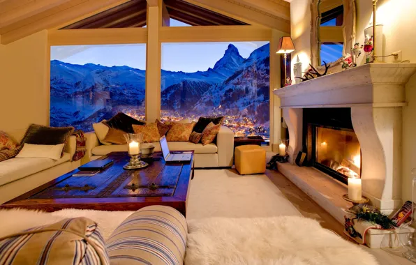 Интерьер, Швейцария, камин, Switzerland, гостиная, Zermatt, шале, Luxury ski chalet