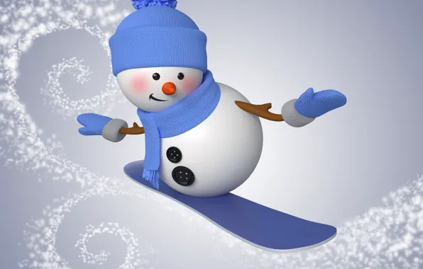 Картинка зима, снег, сноуборд, снеговик, christmas, new year, cute, snowman