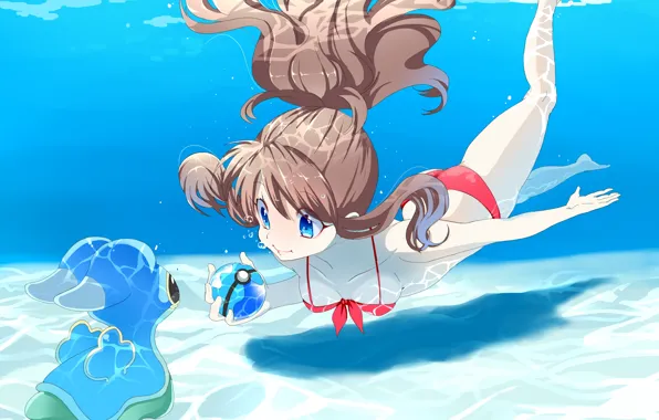 Girl, sexy, cleavage, long hair, underwater, brown hair, boobs, anime
