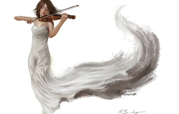 Картинка девушка, белое, скрипка, платье, арт, музыка. фон