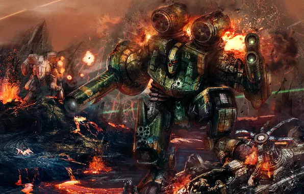 Картинка огонь, война, робот, взрывы, вулкан, солдаты, лава, боевой