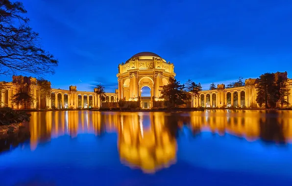 Картинка небо, ночь, огни, Сан-Франциско, США, архитектура, водоем, аркада