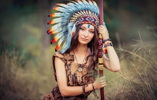 Картинка девушка, перья, лук, боке, индианка, роуч, Екатерина Домбругова