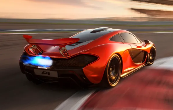 Concept, оранжевый, McLaren, концепт, суперкар, вид сзади, МакЛарен, пламя.гоночный трек