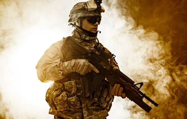 Картинка оружие, фон, дым, очки, солдат, перчатки, шлем, камуфляж