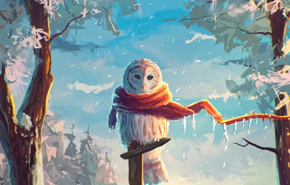 Картинка зима, снег, сова, птица, арт