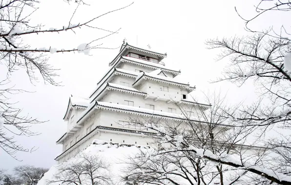 Картинка зима, снег, замок, япония, сад