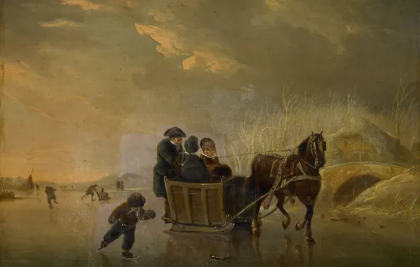 Масло, картина, 1814, Андрис Вермёлен, Упряжь с Санями на Льду, Andries Vermeulen