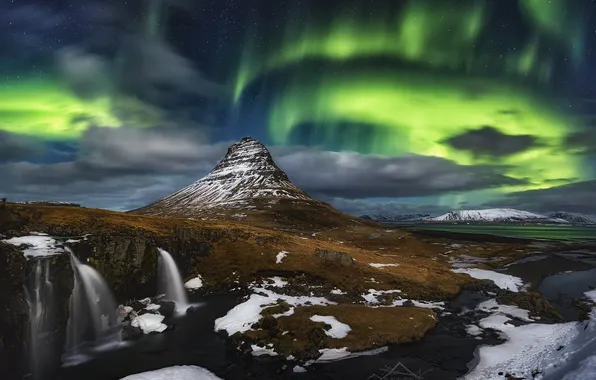 Ночь, гора, северное сияние, вулкан, Исландия, Kirkjufell