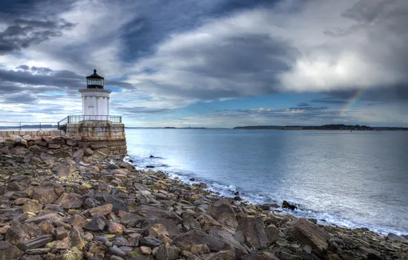 Картинка море, небо, облака, камни, побережье, маяк, США, Oregon