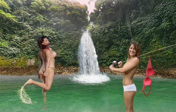 Girl, model, pretty, Waterfall, cute, underwear, desktop wallpaper
