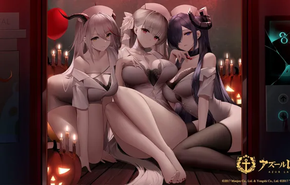 Девушки, комната, свечи, Хэллоуин, Azur Lane, Formidable, Ägir, August von Parseval