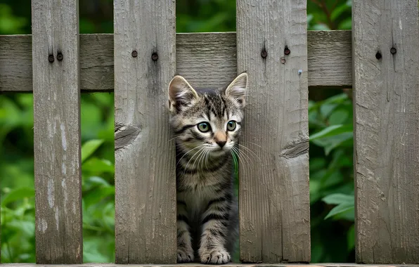 Кошка, взгляд, листья, поза, котенок, серый, доски, забор