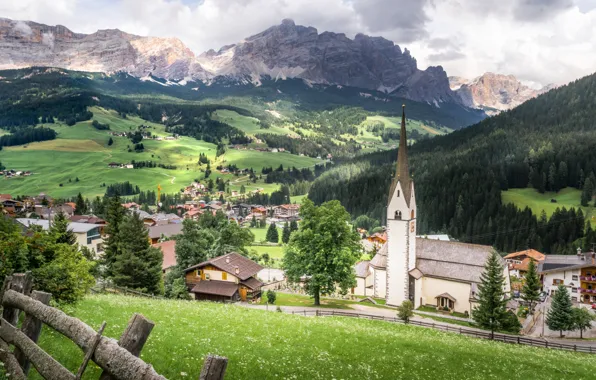 Трава, облака, деревья, горы, Италия, Italy, Dolomites, Доломиты
