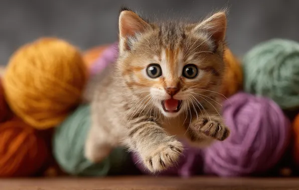 Язык, кошка, взгляд, клубок, поза, котенок, прыжок, игра
