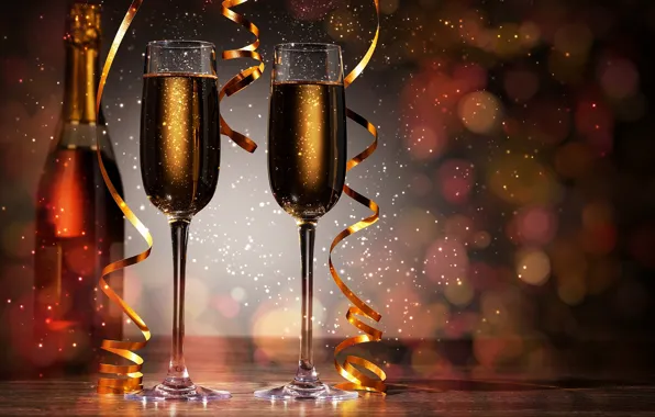 Картинка праздник, бутылка, бокалы, Новый год, шампанское, искорки, боке, блики света