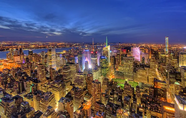 Ночь, огни, дома, Нью-Йорк, панорама, США