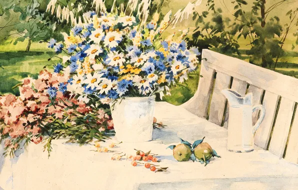 Картинка цветы, стол, яблоки, молоко, ягода, лавочка, скатерть, Акварель