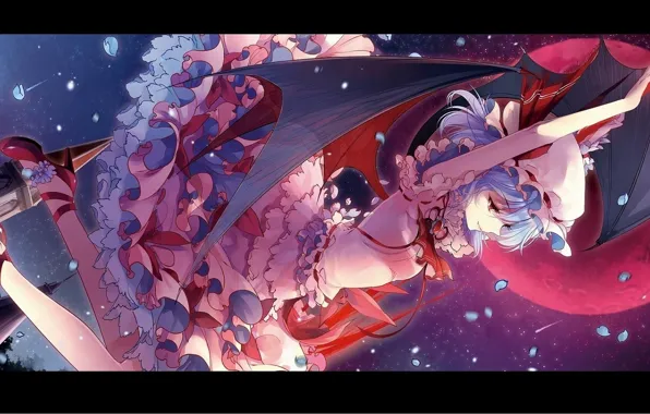 Ночь, лепестки, туфли, полнолуние, красные глаза, чепчик, touhou, оборки