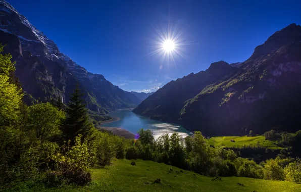 Картинка горы, озеро, Швейцария, Альпы, Switzerland, Alps, Klöntalersee, Клёнталерзе