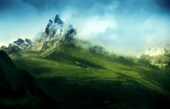 Картинка небо, трава, снег, горы, туман, равнина