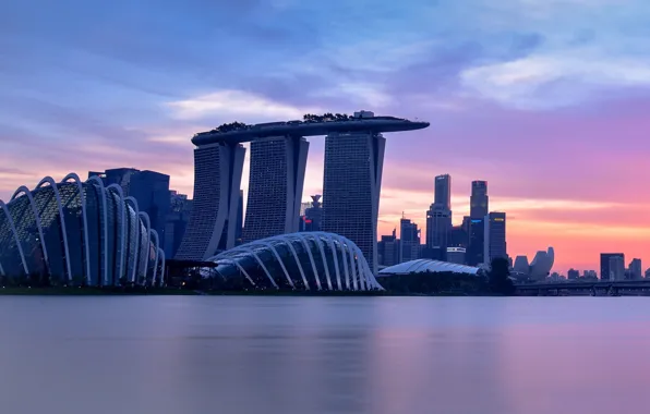 Картинка city, lights, sky, sea, sunset, clouds, evening, Singapore