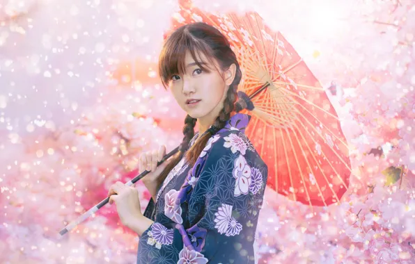 Девушка, зонтик, кимоно, азиатка