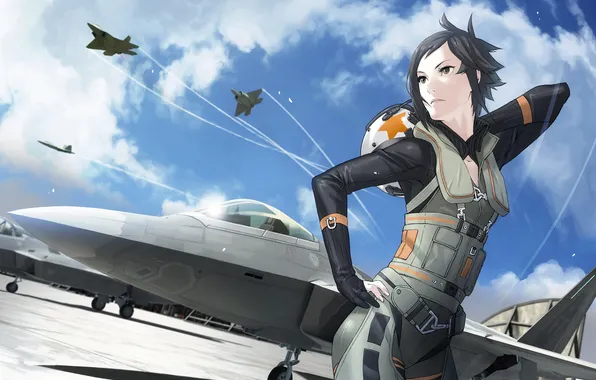 Картинка девушка, самолет, истребитель, арт, костюм, шлем, ace combat, kozaki yusuke