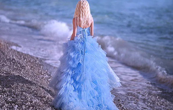 Море, девушка, спина, платье, блондинка