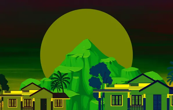 Картинка горы, дома, Луна, векторная графика