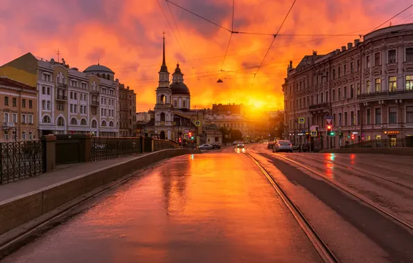 Картинка дорога, закат, город, улица, здания, дома, Питер, Санкт-Петербург