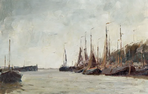 Картина, морской пейзаж, Эдуард Сиго, Пришвартованые Лодки