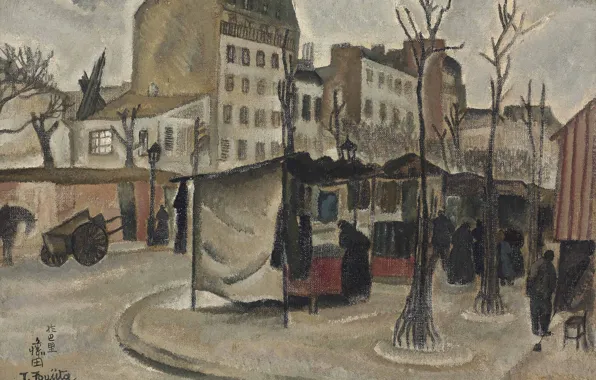Картинка деревья, люди, дома, коляска, 1918, Цугухару, Фудзита, Парижский рынок