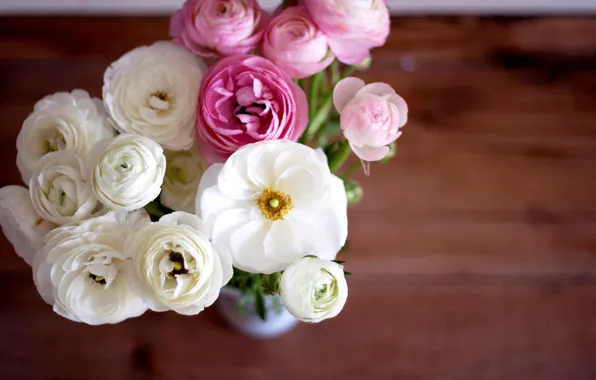 Картинка цветы, букет, лепестки, ваза, розовые, белые, бутоны, лютики