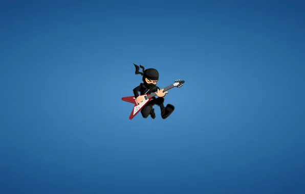 Гитара, минимализм, ниндзя, красная, синий фон, ninja