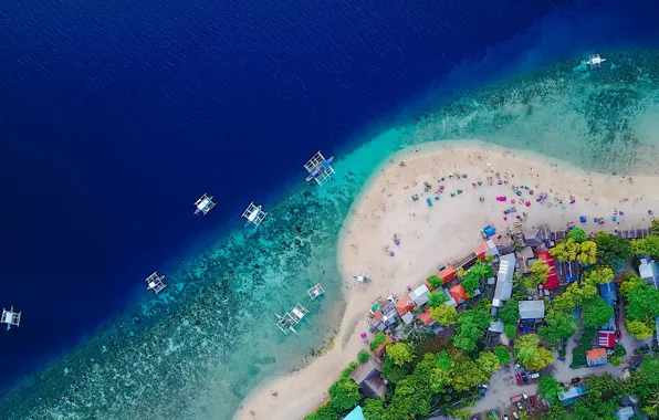 Люди, берег, дома, катамаран, Philippines