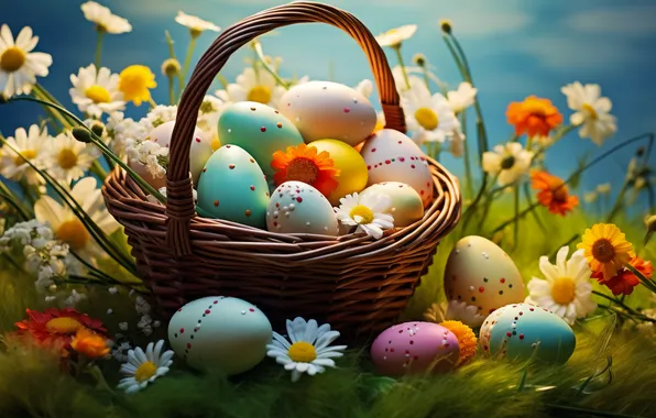 Цветы, яйца, весна, colorful, Пасха, happy, flowers, spring