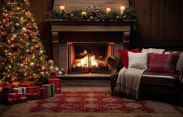 Украшения, комната, диван, шары, елка, интерьер, Новый Год, Рождество