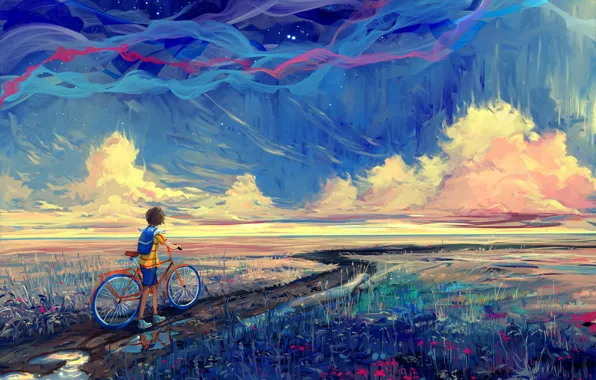 Картинка дорога, велосипед, мальчик, арт, живопись