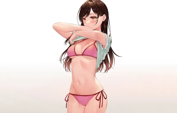 Girl, sexy, wet, cleavage, long hair, brown hair, boobs, anime