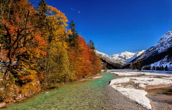 Картинка осень, небо, снег, деревья, горы, река