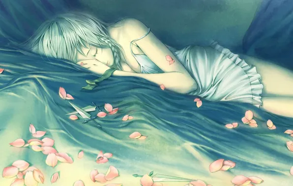Девушка, рисунок, лепестки, нож, спит, постель, косички, touhou