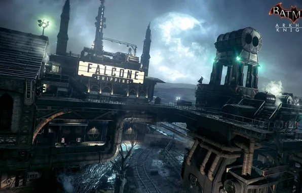 Ночь, луна, Город, Бэтмен, Готэм, Batman:Arkham Knight