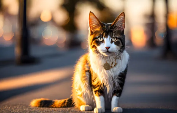 Картинка golden, cat, bokeh, hour