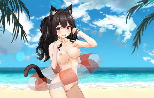 Girl, sexy, game, beach, shorts, erect nipples, long hair, sea