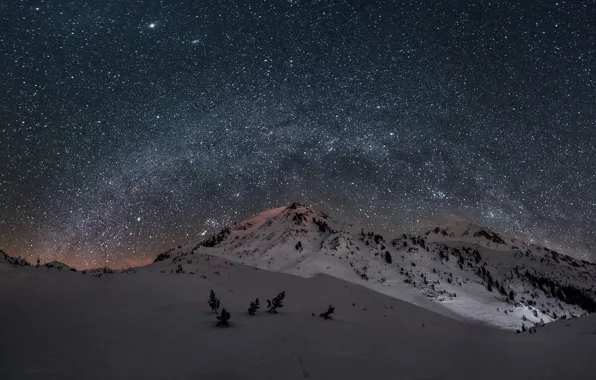 Небо, звезды, снег, горы, ночь, млечный путь