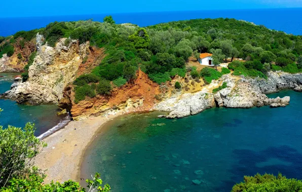 Картинка море, деревья, камни, побережье, Греция, домик, лагуна, Naxos