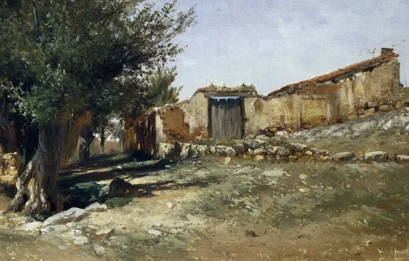 Картинка дом, дерево, картина, развалины, Карлос де Хаэс, Пейзаж в Арагоне