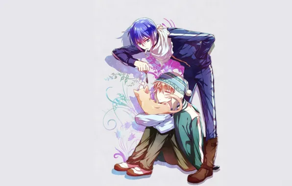 Мальчик, парень, серый фон, рыжий котёнок, Бездомный Бог, Yato, Noragami, Yukine