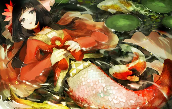 Русалка, аниме, арт, onmyouji